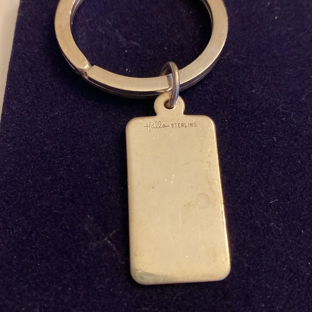 Halls Sterling Silver Split Ring keychain with rectangular tag. Vintage.